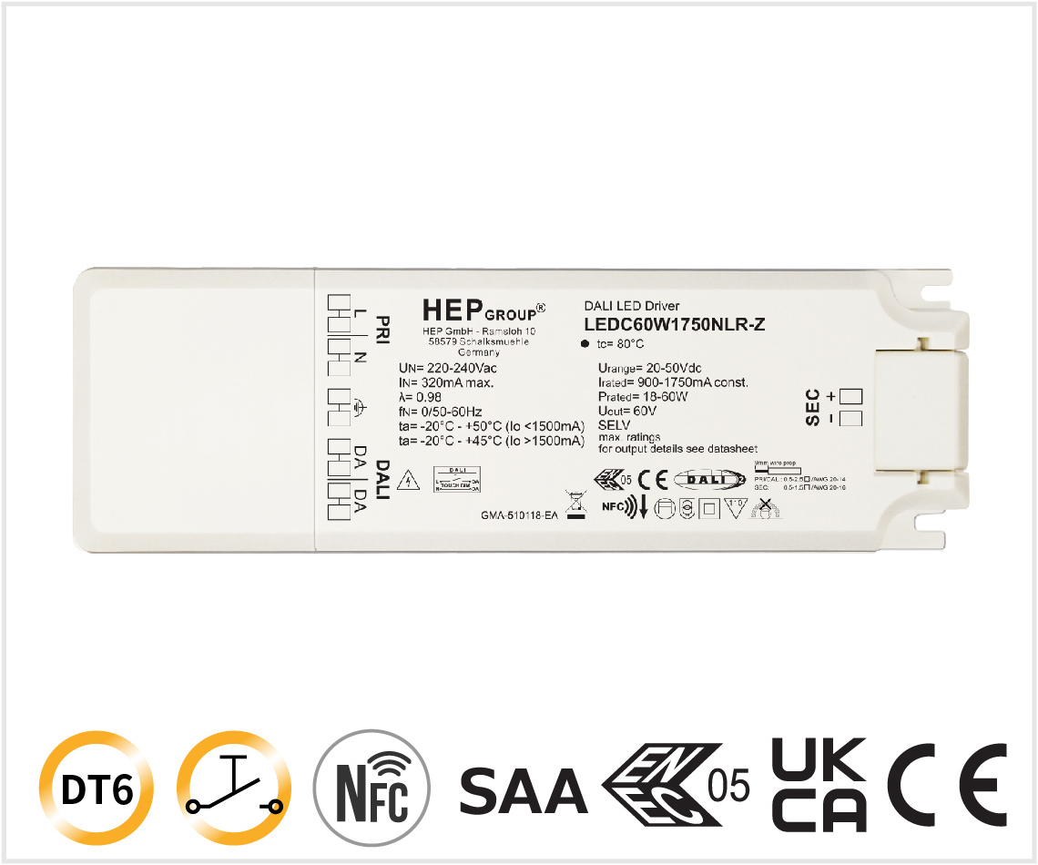 LEDC 60W 900-1750mA NFC DALI-2 DT6 TouchDIM调光