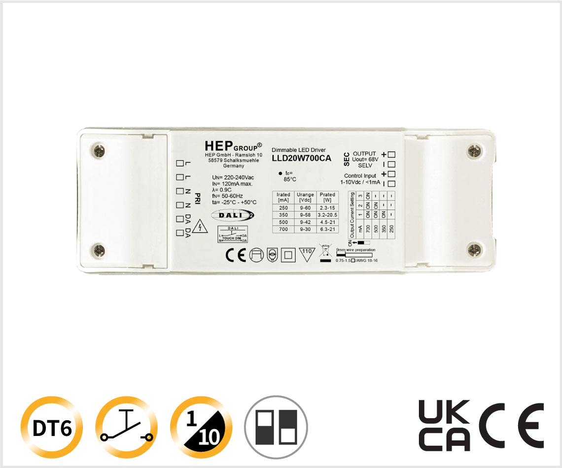 LLD 20W 250-700mA DIPswitch DALI-2 DT6 TouchDIM调光