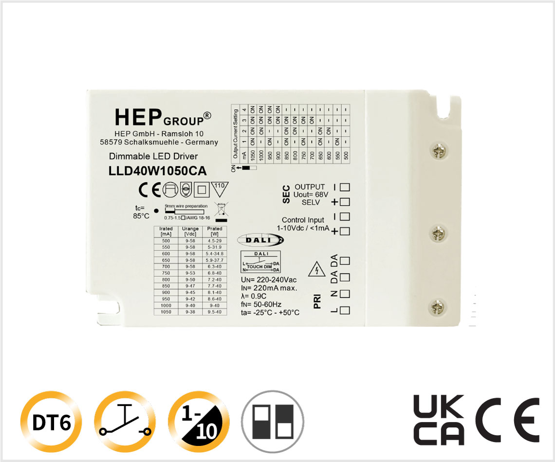 LLD 40W 500-1050mA DIPswitch DALI-2 DT6 TouchDIM 1-10V-Dim