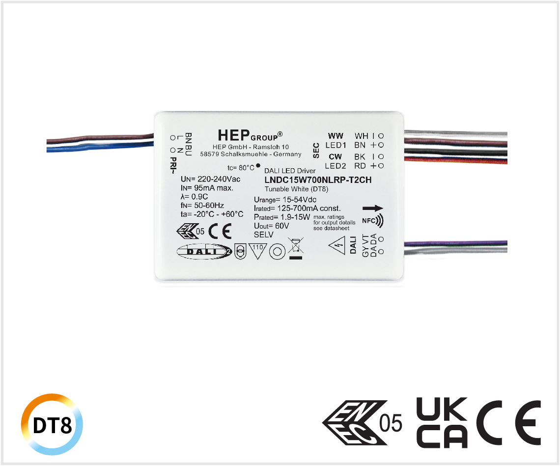 LNDC 15W 125-700 mA NFC DALI2-DT8 雙色溫調光