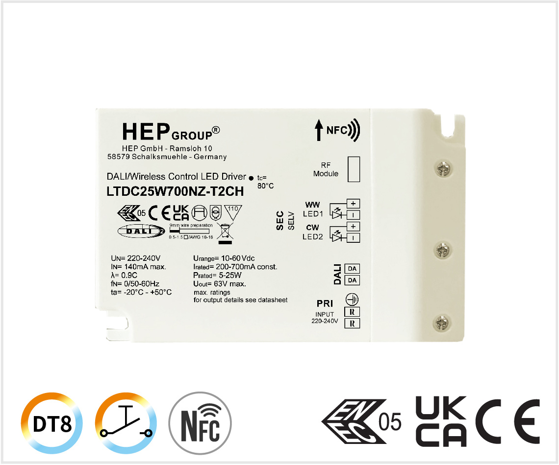 LTDC 25W 200-700mA NFC DALI-2 DT8 TunableWhite調色調光