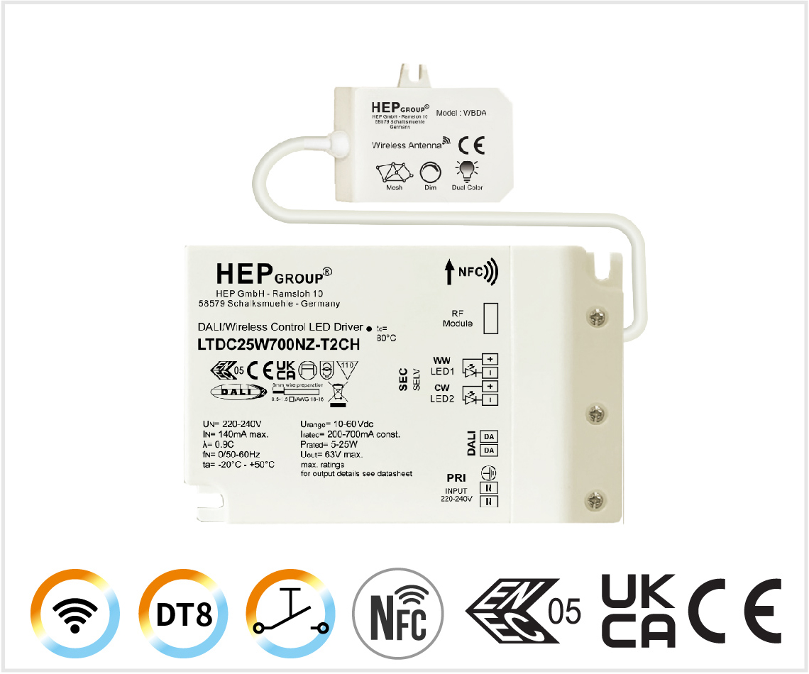 LTDC 25W 200-700mA NFC  無線智能調光_HEPXIDEA DALI-2 DT8 TouchDim 雙色溫