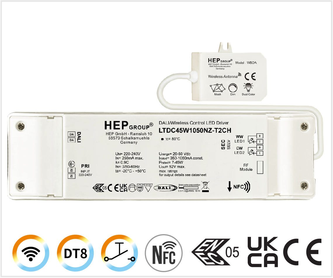 LTDC 45W 350-1050mA NFC 無線智能調光_HEPXIDEA DALI-2 DT8 TouchDim 雙色溫