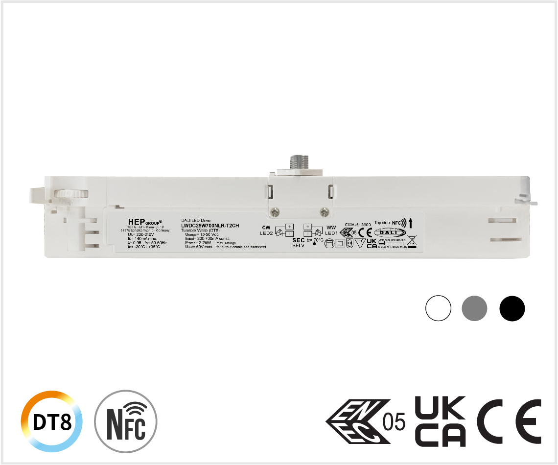 LWDC 25W 120-600mA NFC DALI-2 DT8调光 双色温 轨道灯专用 恒流驱动器